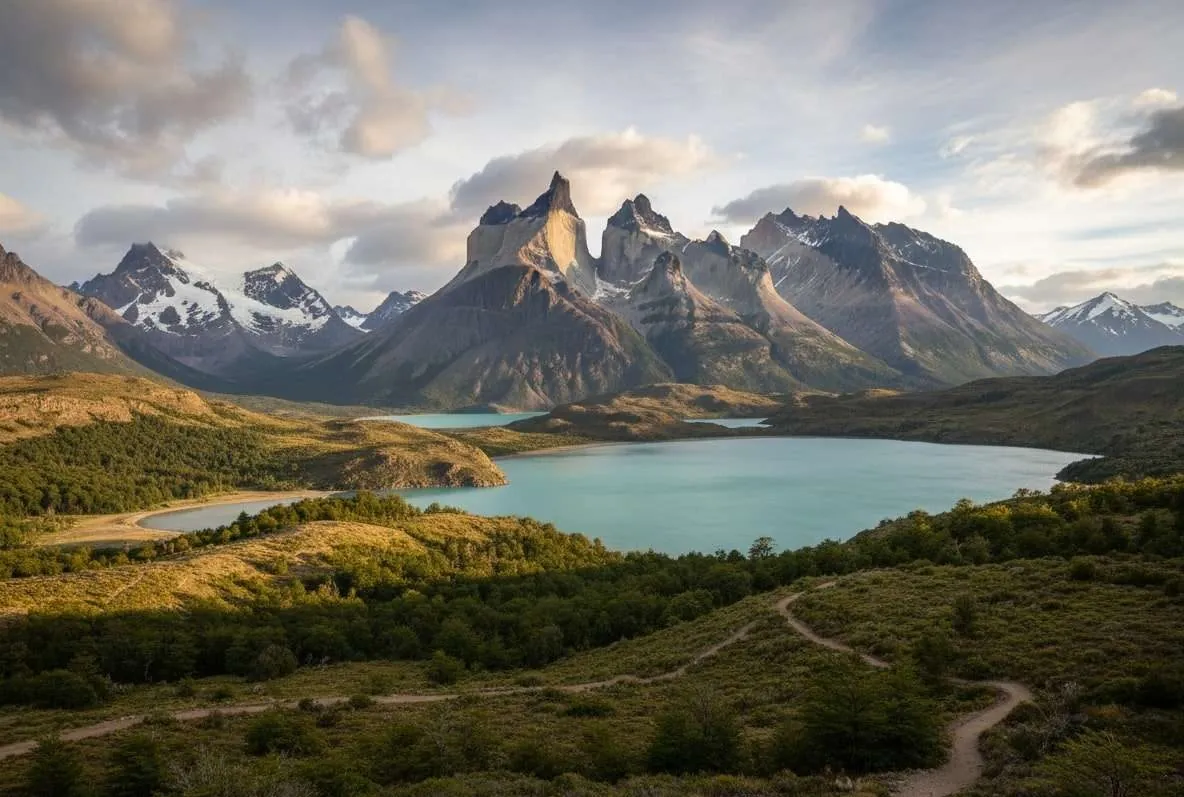 Le Torres del Paine riflesse in un lago turchese in Patagonia cilena