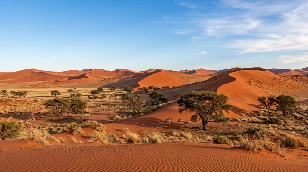 Deserto del Kalahari in Namibia, paesaggio di dune rosse e acacie.