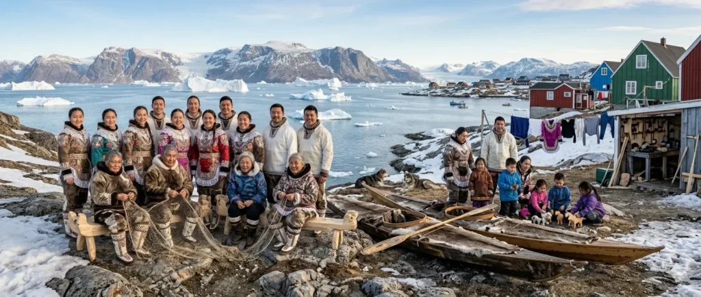 Gruppo di Inuit, con il costume nazionale groenlandese, simbolo di orgoglio e appartenenza