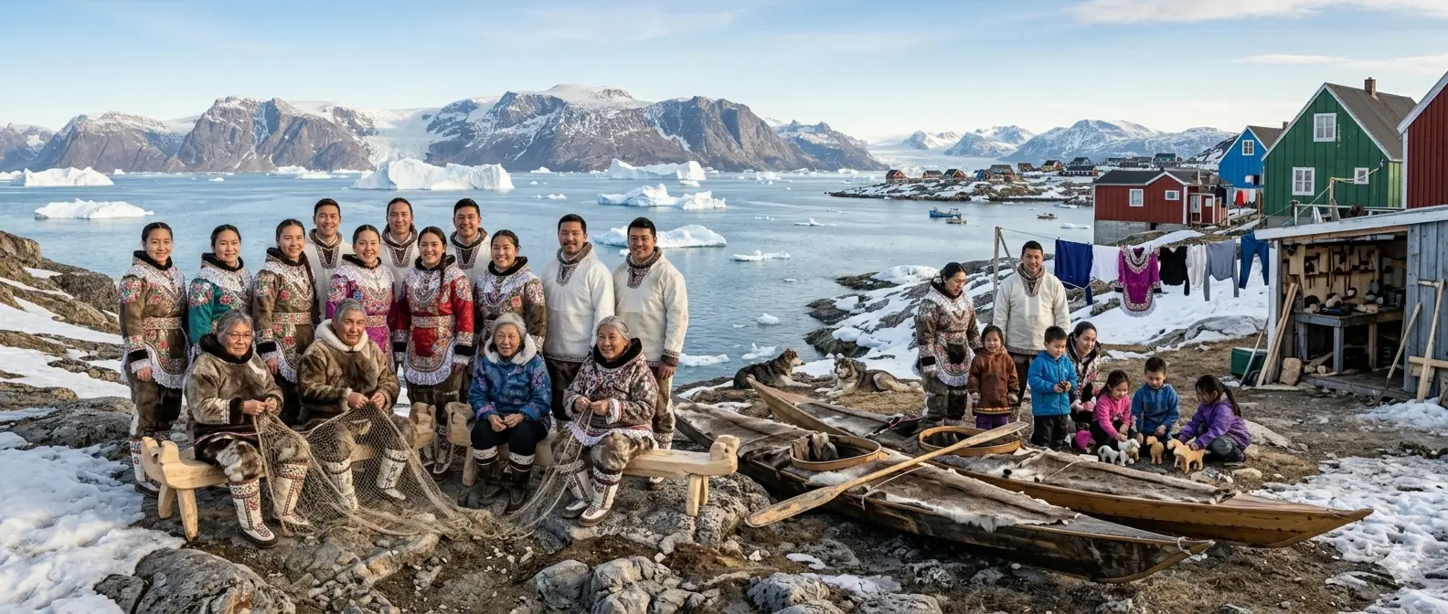 Gruppo di Inuit, con il costume nazionale groenlandese, simbolo di orgoglio e appartenenza
