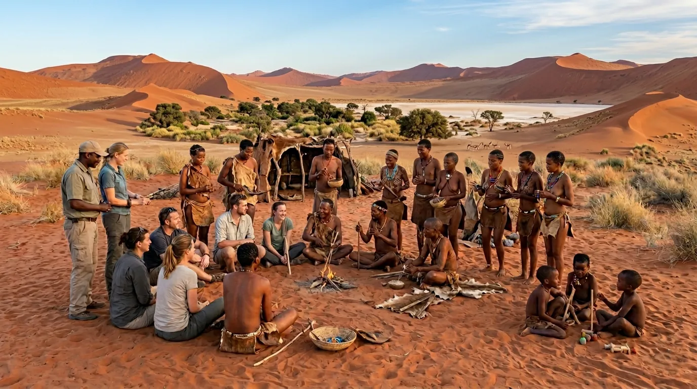 Incontro culturale con i boscimani San, nel deserto del Kalahari in Namibia.
