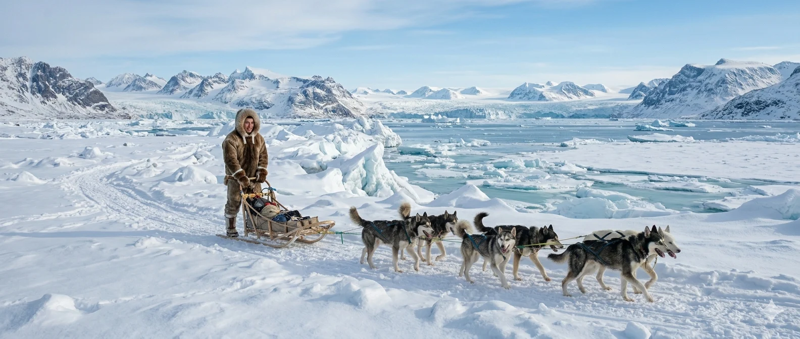 Inuk con una slitta trainata dai cani, tra i ghiacci dell'Artico
