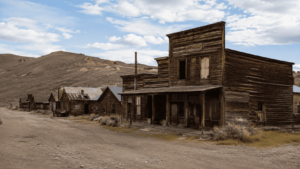 Città fantasma del Far West con edifici in legno e strada sterrata