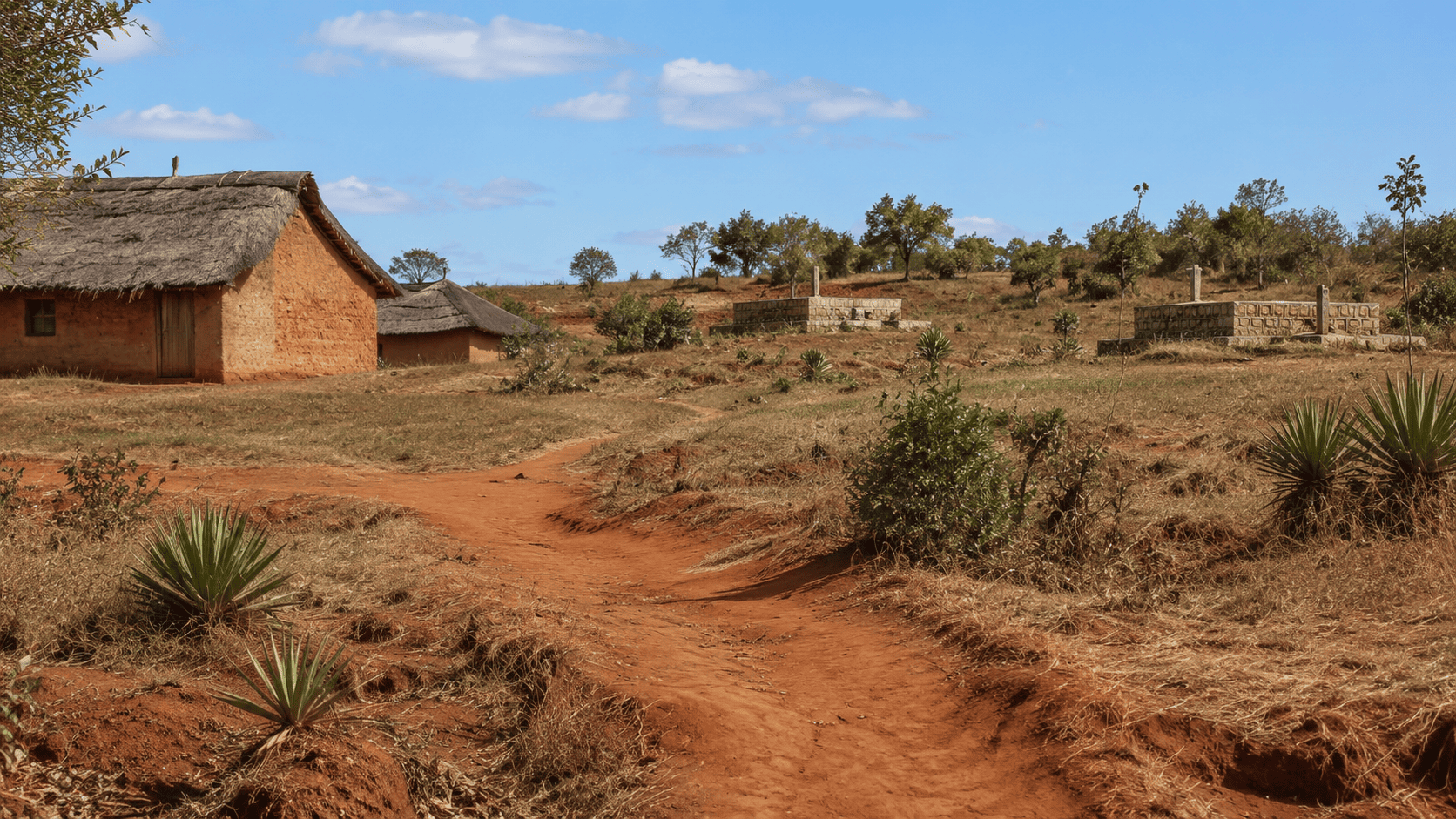 Villaggio rurale in Madagascar con paesaggio di terra rossa e tradizioni locali